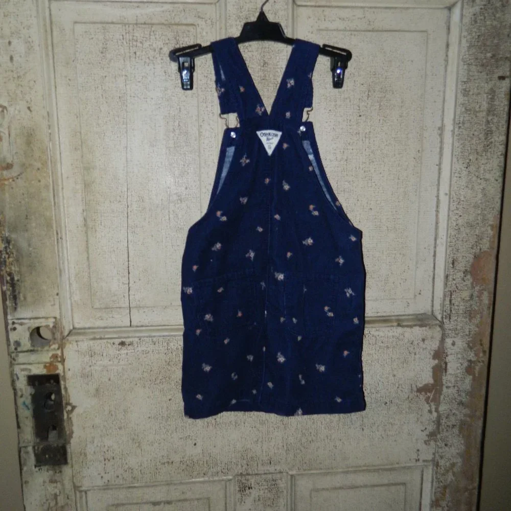 Vintage OshKosh Bgosh Corduroy Floral Blue Overall Dress Size 7 (H-14)